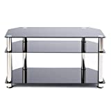 TAVR Black Tempered Glass Corner TV Stand Cable Management Suit for up to 46 inch Plasma LCD LED OLED Flat or Curved Screen TVs,3-Tier Gaming Consoles Media Component,Chrome Legs