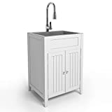 VINGLI 24-Inch Laundry Sink with Cabinet, Stainless Steel Sink with Pull- Out Sprayer Faucet White Cabinet Combo for Laundry Room, Utility Room, Bathroom and Kitchen