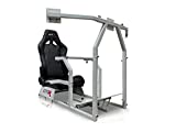 GTR Simulator GTA-F Model Silver Frame Triple | Single Monitor Stand with Majestic Black Adjustable Leatherette Seat Racing Driving Gaming Simulator Cockpit Chair