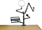 Gator Frameworks 6-in-1 Content Creator Streaming Desktop Stand Set Includes Smartphone, Tablet, Laptop Clamps, Vesa Mount, Ring Light, Microphone Boom Arm, Black (GFW-STREAMSTAND)