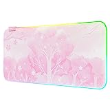 Pink RGB LED Gaming Mouse Pad, 14 Modes Glow Pad, Extra Large Gaming Mousepad,Waterproof Rubber Non Slip Cute Sakura Mat, Extended Big Keyboard and Mouse Pad Mat for Gamer Office Home, 800×300×4mm