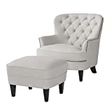 Great Deal Furniture Alfred Natural Fabric Club Chair with Ottoman, Beige, Black