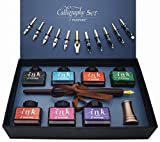 Plotube Calligraphy Pen Set – Includes Wooden Dip Pen, Antique Brass Holder, 11 Nibs, 7 Colors Ink Bottles and Beginner's Manual (7 colors)