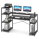 HYPIGO Computer Desk with Storage Shelves, 63 Inches Large Industrial Office Desk Study Writing Table Workstation with Printer Stand and Bookshelf for Home Office - Black.