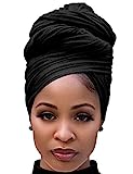 Harewom Black Hair Wrap for Women Long Stretch Jersey Head Scarf Summer Breathable Lightweight Turban Solid Color