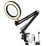Toolour LED 5X Magnifying Glass Light Desk Lamp - 3 Light Colors Illuminated 10 Brightness Dimmable - USB Powered Magnifier Lighted Lens Adjustable Swivel Arm and Tabletop Clamp for Close Work Craft