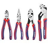 WORKPRO 4-Piece Pliers Set, Premium CR-V Construction Pliers Tool Sets Including Long Nose, Diagonal Cutting, Groove Joint and Slip Joint Pliers（Red）