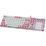 Mechanical Gaming Keyboard,USB Wired,Magnetic Wrist Rest,Pure White Backlight Classic Keycaps,for Gaming,Office and Home,Dedicated Media Keys for Desktop, Computer, PC(Pink-White-Blue switches)