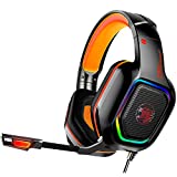 Gaming Headset for PS4 PS5 Xbox One, UNIOJO Gaming Headphones with Micphone, LED Light, Noise Reduction Stereo Bass Surround, Soft Memory Earmuffs for Xbox One X PC Laptop, Orange