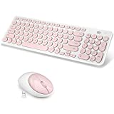 Wireless Keyboard and Mouse Combo, FD iK6630 2.4GHz USB Cordless Cute Round Key Quiet Slim Set for Laptop, Computer, TV and Mac (Salmon Pink & White)