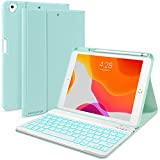 iPad 7th/8th/9th Generation Case with Keyboard 10.2-inch 2019/2020/2021, iPad Air 3rd/Pro 10.5-inch 2017 Compatible, 7 Color Backlit Keyboard BT/Wireless/Detachable with Pencil Holder (Mint Green)