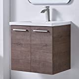 Mogiyin Modern 24” Brown Wall-Mounted Bathroom Vanity, Simple Design 2-Door 2 Handles Bathroom Sink Cabinet Vanities Combo Set with White Integrated Undermount Ceramic Vessel Sink