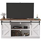 JUMMICO Farmhouse TV Stand up to 65 Inches, Mid Century Modern Entertainment Center with Sliding Barn Doors and Storage Cabinets, Metal Media TV Console Table for Living Room Bedroom (Bright White)