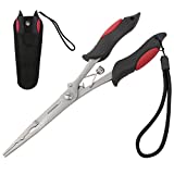 Hikary Long Nose Fishing Pliers,Ice Fishing Long Pliers Fishing Gear,Stainless Steel Hook Remover Braid Cutter Rustproof Saltwater Split Ring Pliers Fishing Multi-Tools with Sheath and Lanyard