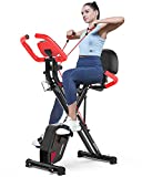 pooboo Folding Exercise Bike, Foldable Fitness Stationary Bike Machine, Upright Indoor Cycling Bike, 4-in-1 Magnetic X-Bike with 8-Level Adjustable Resistance, Bottle Holder, Arm Resistance Bands, Pulse Sensor & Back Support Cushion for Home Gym Workout (red)