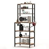 Monesti 7-Tier Kitchen Baker’s Rack, Utility Storage Shelf Rack with 6 S-Hooks, Industrial Microwave Stand, Floor Standing Spice Rack Organizer Workstation(Rustic Brown).