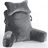 Reading Pillow Extra Large 31' Bed Rest Pillow with Detachable Neck Roll & Arms for Sitting in Bed or Couch-Backrest Reading Pillow Adult Back Pillows for Reading/Watching TV/Gaming/Relaxing-Dark Grey