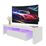 TV Stand for TVs up to 70 Inch with Storage Drawer, Modern LED Lights Universal TV Stand Entertainment Center Console for Video Gaming, Media, Movies, Living Room, Bedroom, Wood Table (White-1)