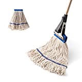 Eyliden Heavy Duty Commercial Cotton Mop Looped-End String Wet Industrial Mops 2pcs Cotton Head with Extendable Handle and Patent Stainless Steel Jaw Clamp Home Office Cement Floor Use (White)