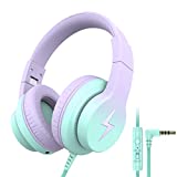 Candy Bila Kids Headphones, Wired Headphones for Kids with Microphone, 85/94dB Volume Limiter Headphones for Girls Boys with Sharing Jack, Foldable Headphone for Online Study, Gradient Purple