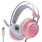 Cosbary M26 Gaming Headset Pink with Mic for PC, 7.1 Headphones with Noise Cancelling Microphone for PS4/PS5/Computer/Laptop, 50mm Driver - 7.1 Surround Sound - LED Backlit, USB Wired Game Headphones