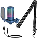 FIFINE USB Gaming Streaming Recording PC Microphone Kit, RGB Condenser Computer Mic Bundle for Podcasts, Audio, Vocal, Video on Mac/Desktop/Laptop, with Boom Arm Stand-A6T Blue