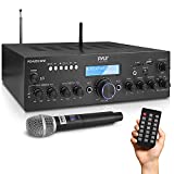 Wireless Microphone Power Amplifier System - 200W Dual Channel Sound Audio Stereo Karaoke Speaker Receiver w/USB, AUX, Microphone in w/Echo, Radio,Home Theater via RCA, Studio Use - Pyle PDA8BUWM.5