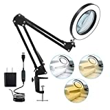 LED Magnifying Lamp with Clamp, 10X Real Glass Lens, 3 Color Modes and Stepless Dimmable Magnifier Desk Lamp,Adjustable Swivel Arm Lighted Magnifying Glass for Repair Craft Close Work-Black