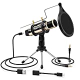 ZealSound USB Microphone, Metal Condenser Recording Microphone for Laptop MAC Windows Computer and Phone w/Stand for ASMR Garageband Smule Stream & YouTube Video Studio Voice Overs Broadcast (Gold)