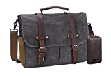 Messenger Bag for Men, 15.6 Inch Waterproof Vintage Genuine Leather Laptop Briefcase Waxed Canvas Large Computer Satchel bag Travel Leather Shoulder Work Bag with Key Bag (Dark grey)