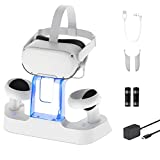 NexiGo Enhanced Charging Dock with LED Light for Oculus Quest 2, [Support Elite Strap with Battery], Headset Display Stand and Controller Mount, 2 Rechargeable Batteries, Magnetic Cable