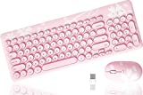 Mytrix Cute Sakura Pink Wireless Keyboard Mouse Combo, Retro Type-Writer Keys, 2.4G USB Slim Keyboard Mouse Set with Numeric Keypad for Computer, Laptop, Desktops, Pc, Mac(KMCS01)