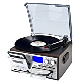 MUSITREND Record Player 9 in 1 3 Speed Bluetooth Vintage Turntable CD Cassette Vinyl Player AM/FM Radio USB/SD Encoding Aux-in RCA Line-Out (Silver)