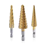 Step Drill Bit Set - Titanium Coated, High Speed Steel Drill Cone Bits for Sheet Metal Hole Drilling Cutting, HSS Multi Size Hole Stepped Up Unibit for DIY Lovers,3pcs in Metal case