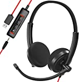HROEENOI USB Headset, Black Noise Cancelling Headphones with Microphone, PC Headset Wired for Computer/Mac/Laptop, with USB+3.5mm Jack, in-line Controls for Office Home Business