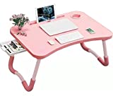 Foldable Bed Table for Laptop, Laptop Desk Table Stand, Laptop Bed Tray Table with Storage Drawer, Notebook Stand Lap Desk for Writing Reading Eating, Portable Laptop Table for Bed Sofa Floor-Pink