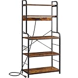 SUPERJARE Kitchen Bakers Rack with Power Outlet, 5-Tier Microwave Stand with Storage, 31.5'' Kitchen Shelf Organizer, Coffee Bar Table Station, 6 Side Hooks, Metal Frame - Rustic Brown