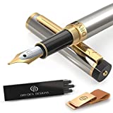 Dryden Designs Fountain Pen - Medium Nib 0.5mm | Includes 6 Ink Cartridges (3 Black, 3 Blue), Notebook Clips and Ink Refill Converter | - Silver