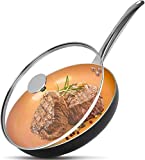 11' Copper Nonstick Frying Pan - Skillet for Frying with Lid, 100% PFOA-Free, All Stove Tops Available, Ceramic Nonstick Coating, Stainless Steel Handle, Cooking Skillet with Lid. Pan for Oven & Stove