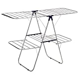 SONGMICS Clothes Drying Rack, Foldable 2-Level Stable Indoor Airer, Free-Standing Laundry Stand, 33 Drying Poles & 27 Sock Clips, Height-Adjustable Gullwings, for Bed Linen, Clothing, Blue ULLR53BU