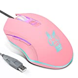 HXMJ Lovely Wired USB Computer Mouse,7 Colors Backlit,Silent Buttons,2400 DPI for Girls,Students-Matte Pink