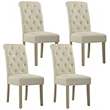 Set of 4 Dining Chairs,Advanced Knitting Cushion with Button Decoration,Armless All Wooden Legs for Kitchen,Bedroom,Living Room(TAN)