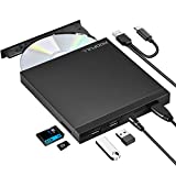 ROOFULL External CD DVD +/-RW Drive with SD Card Reader and USB Ports, USB 3.0 Type-C CD DVD Optical Disc Drive Player Burner Rewriter for Laptop PC Windows 11/10/8/7, Mac MacBook Pro/Air, Linux OS