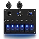 Nilight 6 Gang ON Off Rocker Switch Panel 12V Voltmeter Dual USB Charger Cigarette Lighter Socket For RV Truck Boat , 2 Years Warranty