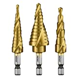 NEIKO 10181A Step Drill Bit Set, 3 Piece, Spiral Grooved for Faster Drilling, Step Bits for Stainless Steel, Metal, Wood, Plastic, Unibit Cone Drill Bits with 31 Step Sizes Total