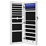 SONGMICS Hanging Jewelry Cabinet, 42.5'H Wall-Mounted Cabinet with LED Interior Lights, Door-Mounted Jewelry Organizer, Full-Length Mirror, Gift Idea, White UJJC99WT