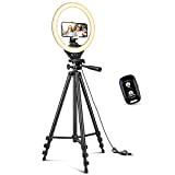 Sensyne 10'' Ring Light with 50'' Extendable Tripod Stand, LED Circle Lights with Phone Holder for Live Stream/Makeup/YouTube Video/TikTok, Compatible with All Phones(Black)