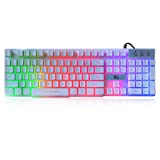Rii RK100+ White Gaming Keyboard,USB Wired Multiple Colors Rainbow LED Backlit Large Size Mechanical Feeling Ultra-Slim Multimedia Office Keyboard Non-Slip for Primer Gaming and Working,Office Device
