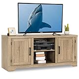 Tangkula Farmhouse Barn Wood TV Stand for TVs up to 65 Inches, Universal TV Storage Cabinet with Doors and Shelves, Ideal for Home Living Room, Natural Design