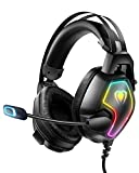 Gaming Headset for Xbox One Series X/S PS4 PS5 PC Switch, Noise Canceling Headphones with Microphone, 3.5mm Audio Jack, Auto-Adjust Headband, RGB Light, Lightweight Wired Gaming Headphones